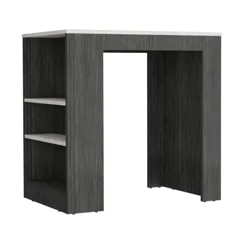 36" White and Gray Marble and Wood Kitchen Island With Storage