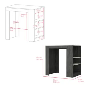 36" White and Gray Marble and Wood Kitchen Island With Storage