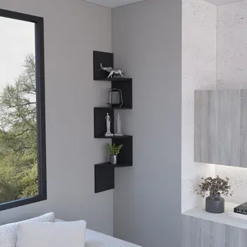 10" Black Wood Wall Mounted Corner Shelf