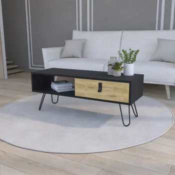 41" Black and Oak Wood and Metal Coffee Table With Drawer And Shelf
