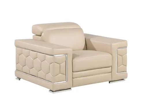 47" Beige and Silver Genuine Leather Club Chair