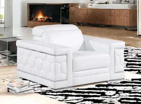 47" White And Silver Genuine Leather Club Chair