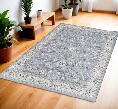 4' X 6' Beige and Blue Floral Distressed Non Skid Area Rug