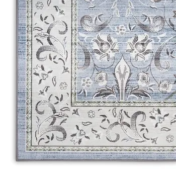 4' X 6' Beige and Blue Floral Distressed Non Skid Area Rug