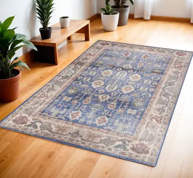 4' X 6' Beige Blue and Red Oriental Distressed Non Skid Area Rug