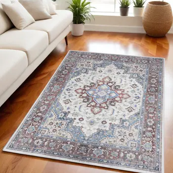 4' X 6' Ivory Red and Blue Medallion Distressed Non Skid Area Rug