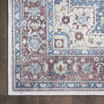 4' X 6' Ivory Red and Blue Medallion Distressed Non Skid Area Rug