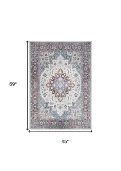 4' X 6' Ivory Red and Blue Medallion Distressed Non Skid Area Rug