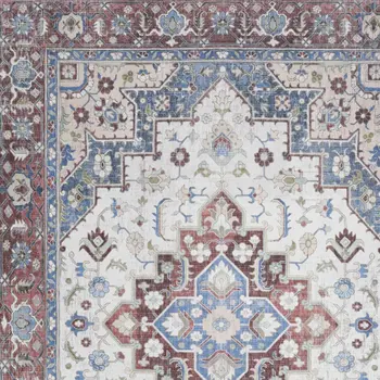 4' X 6' Ivory Red and Blue Medallion Distressed Non Skid Area Rug