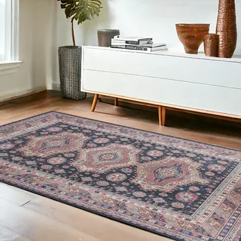 4' X 6' Navy Blue and Red Medallion Distressed Non Skid Area Rug