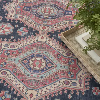 4' X 6' Navy Blue and Red Medallion Distressed Non Skid Area Rug