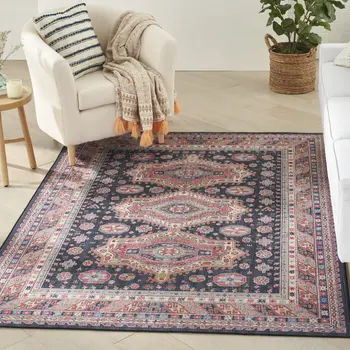 4' X 6' Navy Blue and Red Medallion Distressed Non Skid Area Rug