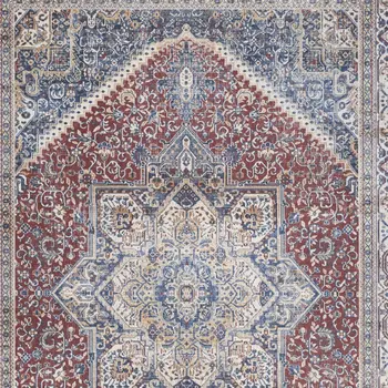 4' X 6' Blue and Red Floral Distressed Non Skid Area Rug