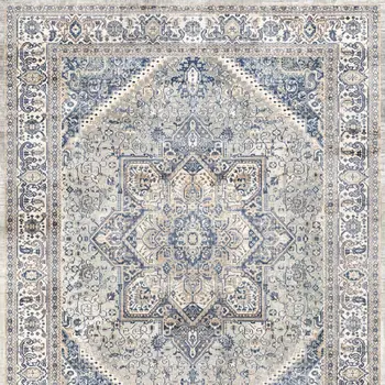8' Blue and Beige Floral Distressed Non Skid Runner Rug