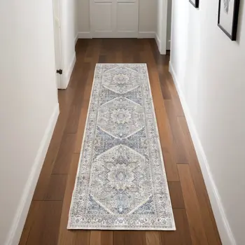 8' Blue and Beige Floral Distressed Non Skid Runner Rug