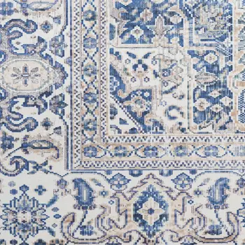 8' Blue and Beige Floral Distressed Non Skid Runner Rug