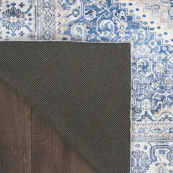 8' Blue and Beige Floral Distressed Non Skid Runner Rug
