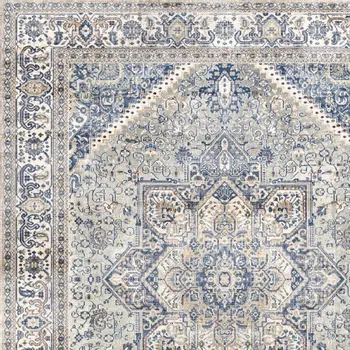8' Blue and Beige Floral Distressed Non Skid Runner Rug