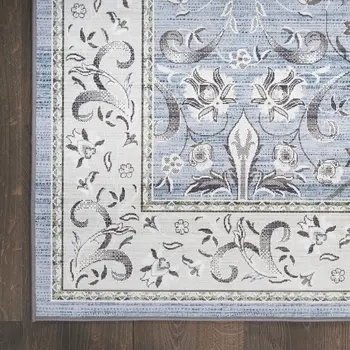 8' Beige and Blue Floral Distressed Non Skid Runner Rug