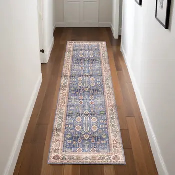 8' Beige Blue and Red Oriental Distressed Non Skid Runner Rug