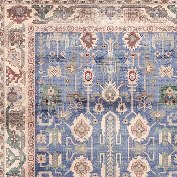 8' Beige Blue and Red Oriental Distressed Non Skid Runner Rug