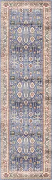 8' Beige Blue and Red Oriental Distressed Non Skid Runner Rug