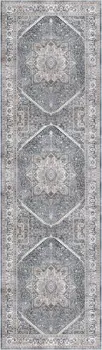 8' Blue and Ivory Floral Medallion Distressed Non Skid Runner Rug