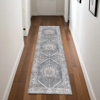 8' Blue and Ivory Floral Medallion Distressed Non Skid Runner Rug