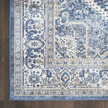 8' Blue and Ivory Floral Medallion Distressed Non Skid Runner Rug