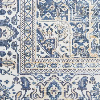 8' Blue and Ivory Floral Medallion Distressed Non Skid Runner Rug