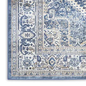 8' Blue and Ivory Floral Medallion Distressed Non Skid Runner Rug