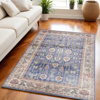 5' X 7' Beige Blue and Red Oriental Distressed Non Skid Area Rug