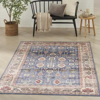 5' X 7' Beige Blue and Red Oriental Distressed Non Skid Area Rug