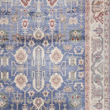 5' X 7' Beige Blue and Red Oriental Distressed Non Skid Area Rug