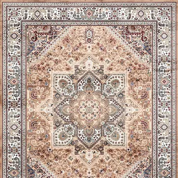 8' Beige Gold and Red Floral Medallion Distressed Non Skid Runner Rug