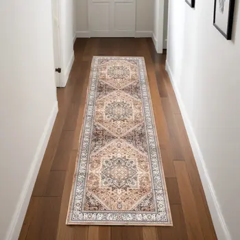 8' Beige Gold and Red Floral Medallion Distressed Non Skid Runner Rug