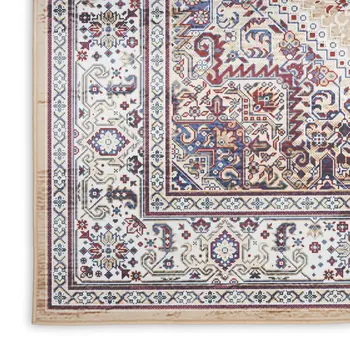 8' Beige Gold and Red Floral Medallion Distressed Non Skid Runner Rug
