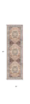 8' Beige Gold and Red Floral Medallion Distressed Non Skid Runner Rug