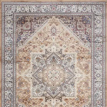 5' X 7' Beige Gold and Red Floral Medallion Distressed Non Skid Area Rug