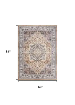 5' X 7' Beige Gold and Red Floral Medallion Distressed Non Skid Area Rug
