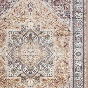5' X 7' Beige Gold and Red Floral Medallion Distressed Non Skid Area Rug