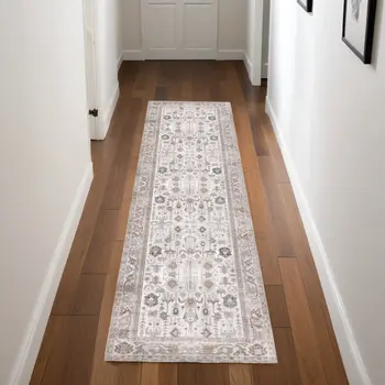8' Ivory and Gray Tribal Distressed Non Skid Runner Rug
