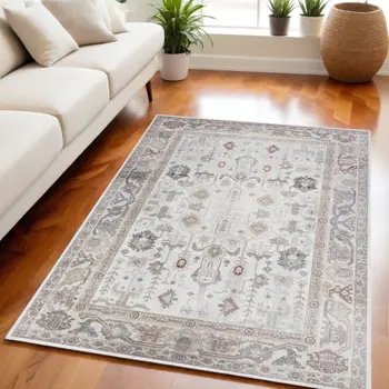 5' X 7' Ivory and Gray Oriental Distressed Non Skid Area Rug
