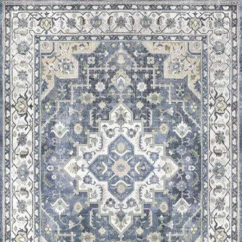8' Blue and Ivory Floral Medallion Distressed Non Skid Runner Rug