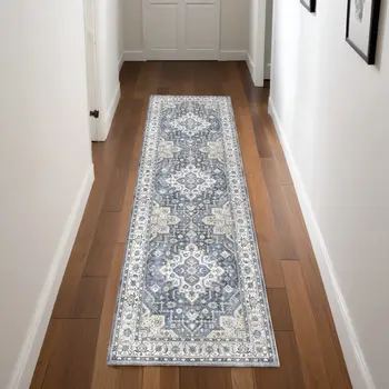 8' Blue and Ivory Floral Medallion Distressed Non Skid Runner Rug