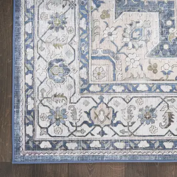8' Blue and Ivory Floral Medallion Distressed Non Skid Runner Rug