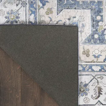 8' Blue and Ivory Floral Medallion Distressed Non Skid Runner Rug