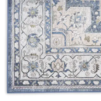 8' Blue and Ivory Floral Medallion Distressed Non Skid Runner Rug