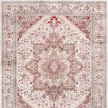 8' Ivory and Red Floral Medallion Distressed Non Skid Runner Rug