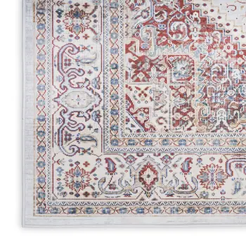 8' Ivory and Red Floral Medallion Distressed Non Skid Runner Rug